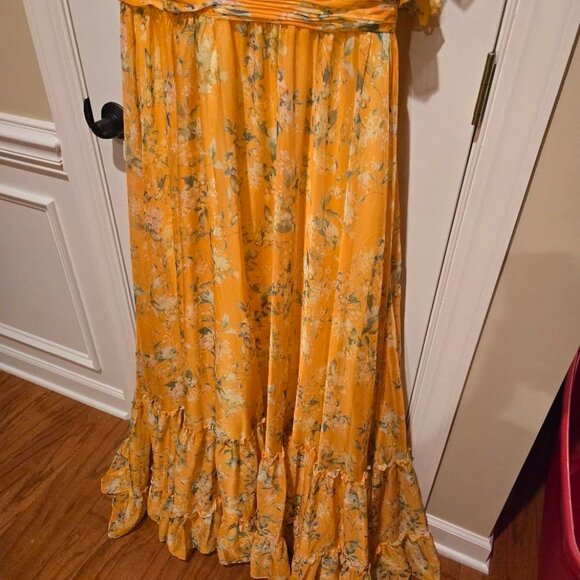 Mac Duggal Flounce Sleeve Floral Maxi Dress in Yellow Multi Size 14 - Picture 8 of 15